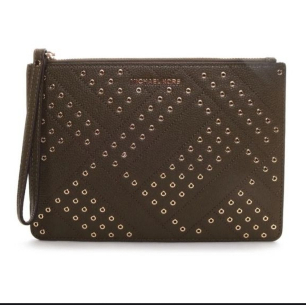 Elevate Your Look With This NeW Michael Kors Brown Studded Clutch Wristlet